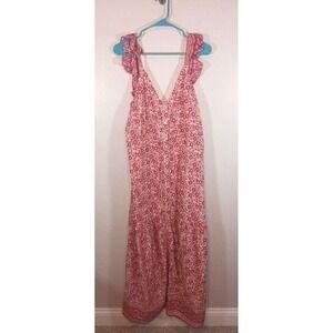 Faherty Floral Maxi Dress Organic Cotton V Neck Drawstring Women's M NWT